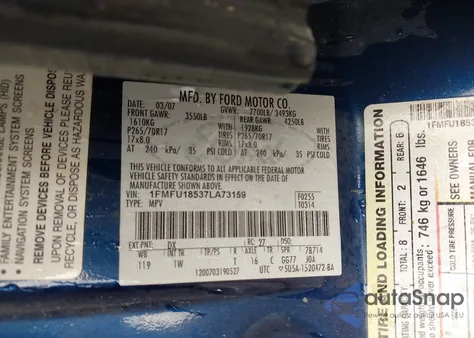 2007 Ford Expedition Eddie Bauer from USA, damaged, VIN 1FMFU18537LA73159